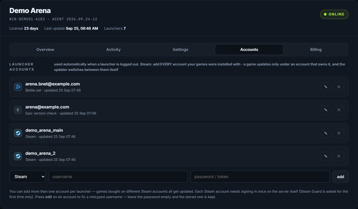 The Accounts tab of your dashboard: the logins the updater may use, and which account has which game