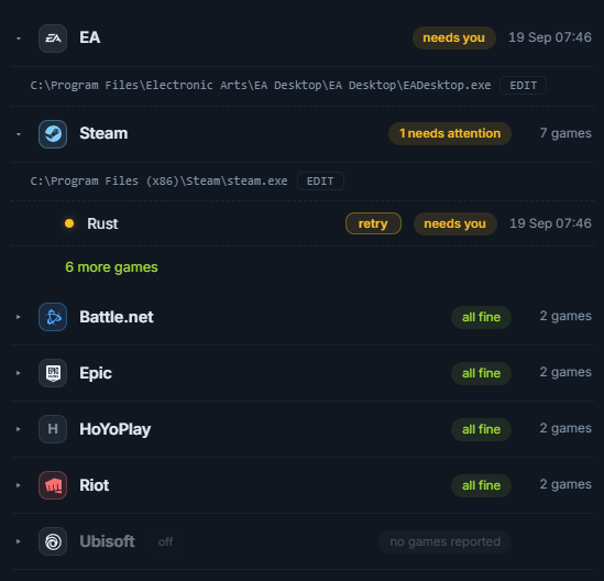 Game status by launcher