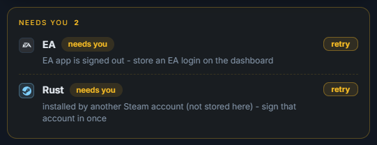 Needs you on the dashboard: which game, why, and a retry button