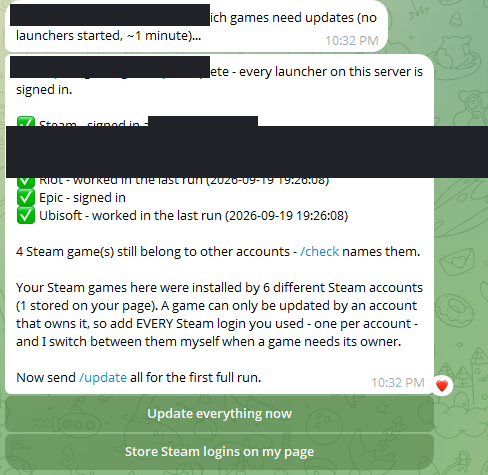 The last setup message: every launcher signed in, with the buttons that start the first run. Account names are blanked out here