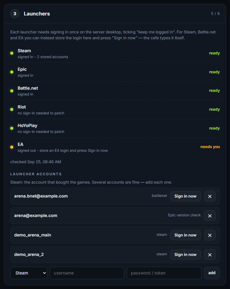 Step 3 of the setup page: every launcher and whether it is ready, then the stored logins with Sign in now