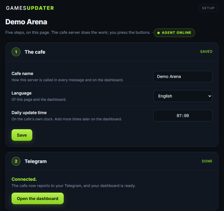 The GamesUpdater setup page