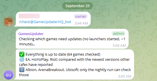 A real /check in Telegram: everything up to date, 64 games checked