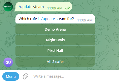 Several cafes: the bot asks which one a command is for