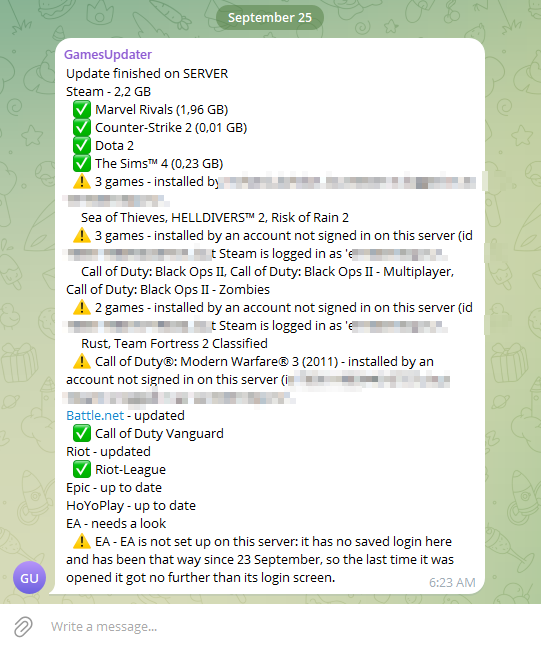 A real nightly report in Telegram, grouped by launcher (account names blurred)
