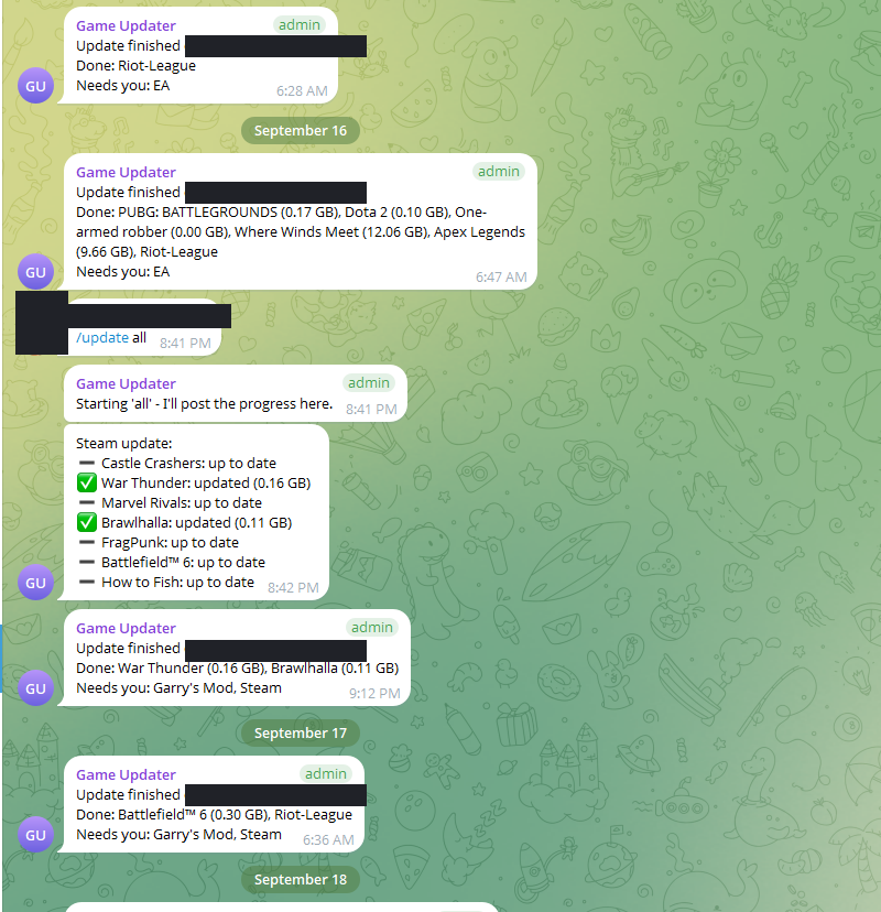 /update all in a group: the bot posts the live progress, then the summary