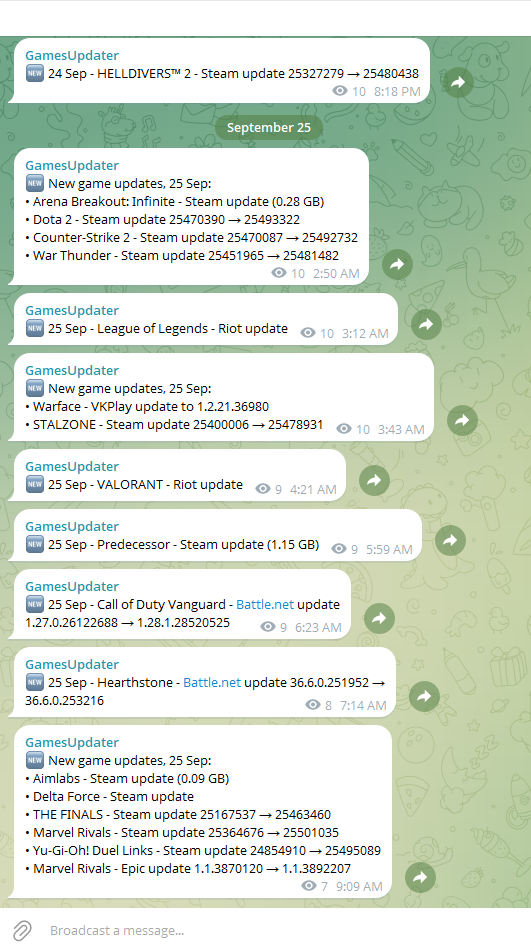 The shared new-updates channel: every game update posted once, with its version or size